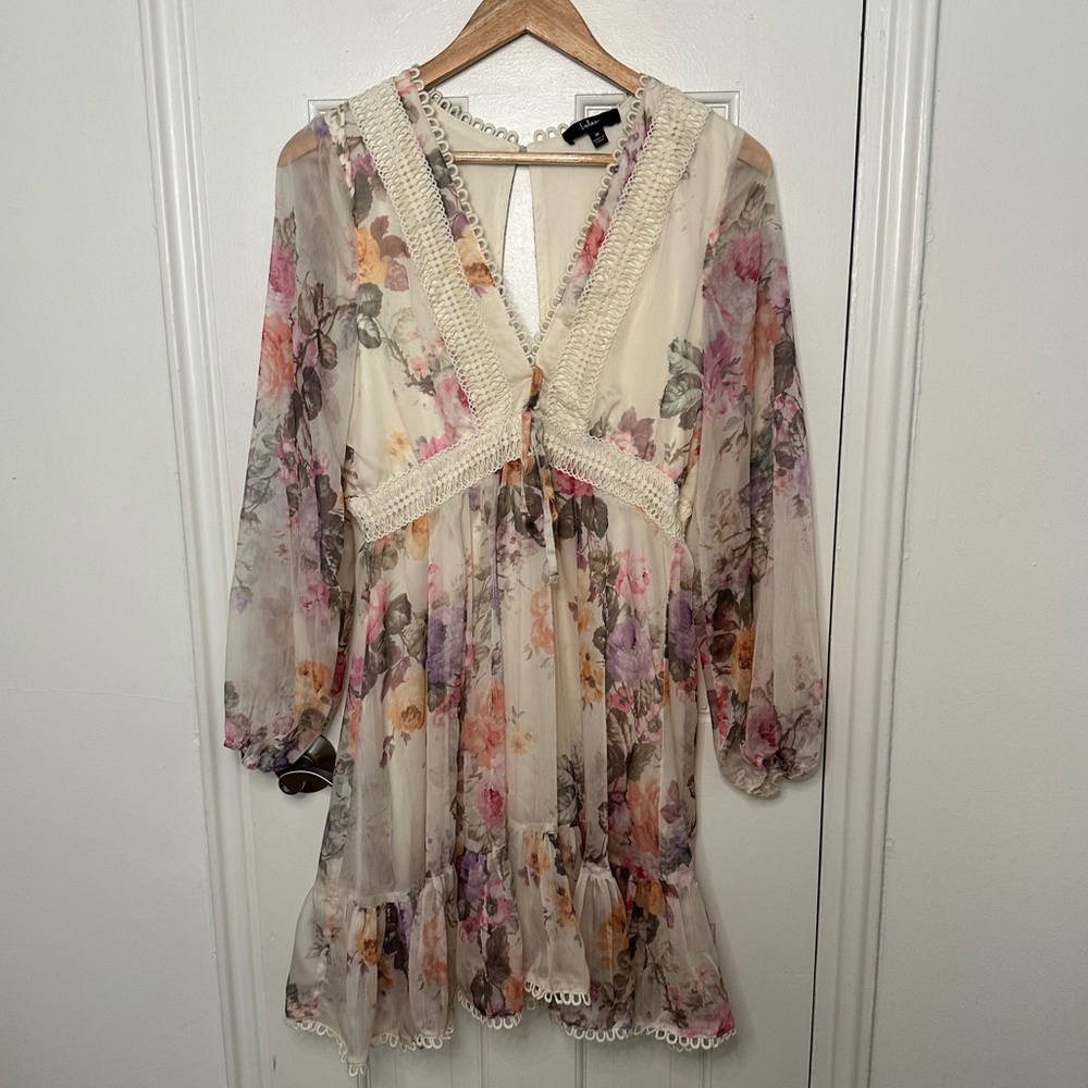 Lulus Season Of Sweetness Ivory Floral Mini Dress Bubble Sleeve Garden Bridal M - Picture 2 of 6